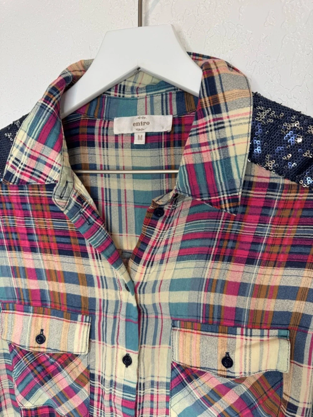 Entro Plaid Button Down Sequin Top